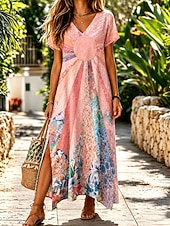  Femmes Robe Midi Robe T-Shirt Robe trapèze Occasionnel Coupe régulière Fleuri Graphique Manche Courte Col en V Bleu Rose Claire Violet Orange Été Printemps