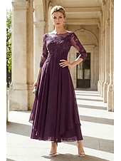 cheap Ankle Length-A-Line Ankle Length Party Dress Cocktail Dress Wedding Guest Dress Mother of the Bride Dress 3/4 Length Sleeve Jewel Neck Elegant Plus Size Wedding Guest Wedding Party Chiffon Lace with Ruched Sequin