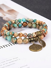 economico Bracciale da donna-Set di braccialetti da donna bohémien a strati con perline di pietra naturale, albero della vita e ciondoli a forma di foglia, gioielli da polso impilabili multicolore in 2 pezzi per l'uso quotidiano,