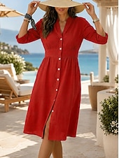 economico Vestiti-Per donna Abito al ginocchio Abiti in cotone e lino Abito Camicia Elegante Vacanza Classico Quotidiano Ufficio Vacanza Vestibilità regolare Semplice Manica Lunga Scollo a V Rosso Blu marino Arancione