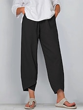 baratos Partes inferiores-Calça capri feminina 100% algodão, ideal para o verão, casual, para uso diário, comprimento até o tornozelo, lisa, com bolsos laterais, respirável, confortável e sem elasticidade. Disponível nas cores preto, vinho, verde e cáqui. Primavera e verão.