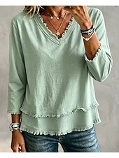  Mujer Camiseta Tee Plano Bohemia Manga Larga Escote en Pico Tops regulares Casual Bleu Ciel Verde Claro Rosa Verde esmeralda Gris Verano Primavera