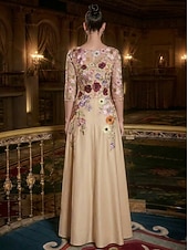cheap A-Line Evening Dresses-A-Line Floor Length Evening Gown Elegant Vintage Floral 3/4 Length Sleeve Boat Neck Garden Party Wedding Satin Tulle with Embroidered Flower Pleats Embroidery