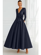  A-lijn Tot de grond Avondjurken Baljurk  Formele kleding Elegant Zijdeachtig 3/4 mouw V-hals Bruiloft Formeel Zak Stretchsatijn met Strik(ken)