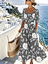 abordables Robes fleuries-Femmes Robe Midi Robe Décontractée Robe trapèze Élégant Vacances Plage Fête Coupe régulière Fleuri Graphique Manche Courte Col carré Bleu Blanche Gris Été Printemps