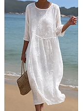  Femmes Robe Midi Robe en Dentelle Robe Blanche Robe d'été Élégant Mode Plage Vacances Fête Coupe Ample Fleuri Demi Manches Col ras du cou Blanche Été Printemps