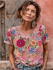 abordables Camiseta floral-Mujer Camiseta bohemia Tops de verano Floral Graphic Plantas Elegante Bohemia Vintage Manga Corta Escote en Pico Tops regulares Casual Diario Deportes Azul Piscina Rosa albaricoque Rosa Verano