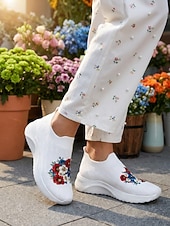  Pantofi sport fără mâneci pentru femei, albi, cu imprimeu floral – pantofi sport respirabili, confortabili, tricotați, cu absorbție ușoară a șocurilor și suport pe tot parcursul zilei, pentru