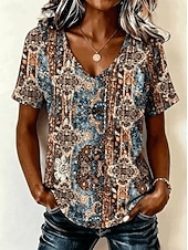 economico T-shirt floreale-Pasqua Per donna Maglietta Stampato Grafico Leopardo Elegante Classico Casual Manica Corta Scollo a V Top lunghi Casuale Quotidiano Sportivo Blu Marrone Verde Estate Primavera Autunno Inverno