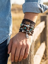 abordables Joyas para hombres-Conjunto de 6 pulseras boho de capas para hombre, con cuentas de madera. &amp;Pulseras de aleación con dije de cabeza de toro y pluma, joyería de estilo occidental para uso casual, viajes, festivales,