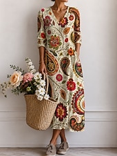 cheap Boho Dress-Women's Midi Dress Sundress Casual Dress A Line Dress Vacation Casual Boho Holiday Regular Fit Graphic Abstract Long Sleeve V Neck Blue Pink Khaki Summer Spring