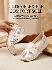 billiga Damsneakers-Women's Beige Perforated Slip-On Walking Shoes with Breathable Hollow-Out Upper - Lightweight Comfort Shoes for Travel, Vacation, Shopping, Daily Walking and Everyday Wear