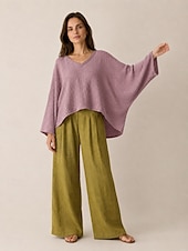 preiswerte Premium-Leinen-Kollektion-Leinenbluse für Damen mit langen Ärmeln, asymmetrischem Saum und V-Ausschnitt im Vintage-Stil, gelb, lila und beige, Herbst/Winter
