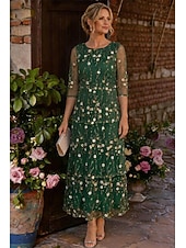 ieftine Seturi de rochii pentru mama-Două Piese Linia -A Lungime Gleznă Rochie Mama Miresei Lungime Manșon 3/4 Stil Nautic Elegant Simplu Luxos Oficial Invitat la nunta Șifon Dantelă Rochii jacheta cu Volane Straturi Broderie
