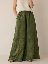 preiswerte Premium-Leinen-Kollektion-Damen-Hose aus 100 % Leinen mit weitem Bein, mittelhohem Bund, langer Länge, Batikmuster, Tasche, elastischem Bund, lockerer Passform, grün, Herbst/Winter