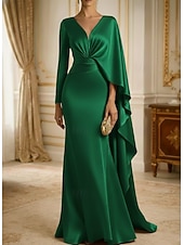 economico Abiti da sera a tubino-Tubino Colonna Strascico a Terra Abito da Sera Abito formale Elegante Stile Celebrità Setoso Senza Maniche Scollo a V Matrimonio Formale Mantelle Raso con Pieghe Arricciato Volant