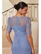  Women's Sheath Column Cocktail Dress Wedding Guest Dress Ankle Length V Neck Half Sleeve Illusion Sleeve Empire Waist Elegant Mother Of The Bride Semi Formal with Chiffon 3D Floral Mesh Lace Slit