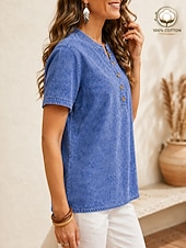  Maglietta Henley da donna Softfade™ in 100% cotone stile vintage - top basic a maniche corte con lavaggio morbido
