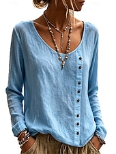  Women's Shirt Blouse Buttons Solid Color Daily Stylish Casual Long Sleeve Crew Neck Regular Tops Casual yellow-green Black White Navy Blue Sky Blue Summer Spring