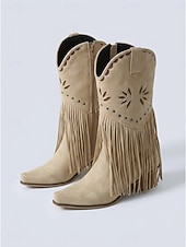 abordables Mujeres-Botas vaqueras de mujer estilo western con flecos, botas beige bordadas a media pantorrilla con tacón grueso para festivales de música al aire libre, conciertos country y fiestas bohemias.