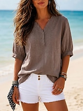  Per donna Camicia Tessuto Ricamato Bottoni Vintage Manica 3/4 Bianco Nero Verde Caffè Estate Primavera