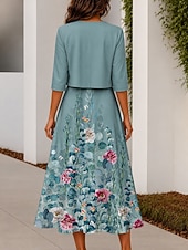 preiswerte Blumenkleid-Damen Zwei-Teiler Kleid Sets Midi Kleid mit Jacke Elegantes A-Linien Kleid Halbarm Casual Semi Formal Ombre Blumenmuster V-Ausschnitt Date Pink Blau Lila Regelmäßige Passform