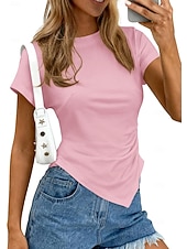 baratos Blusas Simples-Mulheres Camisa Social Blusa Franzido Côr Sólida Roupa de rua Diário Manga Curta Gola Redonda Tops curtos Casual Azul Claro Preto Branco Rosa Marron Verão Primavera
