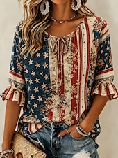  Dia da Independência Americana Mulheres Blusa Botões Imprimir Gráfico Bandeira americana Vintage Diário à moda Meia Manga Gola Redonda Tops regulares Casual Diário Azul Branco Vermelho Azul Real