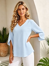  Per donna Blusa Tinta unica Vintage Elegante Classico Manica 3/4 Scollo a V Top Regolari Casuale Quotidiano Blu Estate Primavera