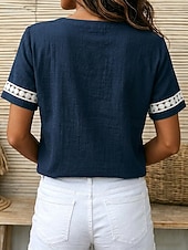  Damen Baumwoll-Leinen-Hemden Textur Kontrastspitze Spitze Vintage Kurzarm V Ausschnitt Normale Oberteile Lässig Koralle Rot Denim Blue Weiß Sommer Frühling