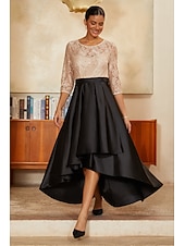 preiswerte Polished Edit-Damen A-Linie High-Low-Kleid Cocktailkleid Kleid für Hochzeitsgäste Knöchellänge Rundhalsausschnitt Dreiviertelarm Illusionsärmel Hohe Taille Elegant Mutter der Braut mit Satin Paillettenspitze