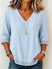  Per donna Blusa Tinta unica Vintage Elegante Essenziale Manica 3/4 Scollo a V Top Regolari Casuale Quotidiano Blu Estate Primavera