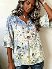 baratos Kukalliset paidat-Women's Blouse Buttons Print Floral Graphic Vintage Stylish 3/4 Length Sleeve Crew Neck Regular Tops Casual Daily Going out Blue White Summer Spring