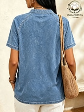  SoftFade™ Women's Vintage 100% Cotton Henley Shirt - Soft Washed Short Sleeve Basic Tops