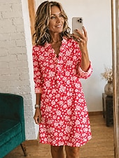  Mujer Vestido hasta la Rodilla Vestido de cambio Vestido informal Elegante Vacaciones Playa Festivos Ajuste regular Floral Graphic Manga Larga Escote en Pico Amarillo Rojo Verde Trébol Verano