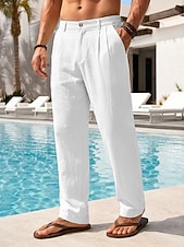 cheap Holiday-Men's Cotton Linen Pants Trousers Summer Pants Baggy Pants Beach Pants Pleated Pocket Solid Color Comfort Breathable Full Length Casual Daily Outdoor Vacation Fashion Loose Fit Blue White Inelastic