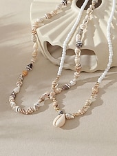 voordelige Dames ketting-Damesketting met meerdere lagen van natuurlijke schelpen, dubbele streng strandsieraden, handgemaakte ketting met schelpen en kralen, kustachtige boho-vakantieaccessoires voor zomerreizen en cruises.