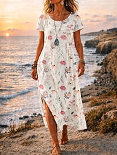  Damen Midikleid A Linie Kleid Lässig Strand Normale Passform Blumen Grafik Kurzarm Rundhalsausschnitt Blau Weiß Rosa Rote Sommer Frühling