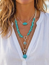 abordables Collar de mujer-Conjunto de collar de turquesa en capas para mujer, joyería boho de piedra natural con cadena de aleación de plata, regalo de moda de verano para mujeres maduras, playa, resort, fiesta en el jardín,