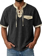 abordables camisetas basicas-Hombre Camiseta Camisa vaquera Camisa 100% algodón con lavado ácido Manga Corta cuello con cordones Otoño invierno Primavera Otoño Plano Vintage Ropa de calle Casual Bolsillo Lavado Casual Hogar Calle