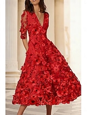 economico Abiti da cocktail-Linea ad A Lunghezza Tè Abiti da Cocktail Abiti da festa Elegante Vintage Floreale Mezza Manica Scollo a V Matrimonio Formale Vestito Rosa Raso con Ricamo Tasca