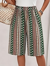 cheap Graphic Shorts-Women's Chinos Shorts Vacation Ethnic Style Casual Knee Length Medium Waist Graphic Geometric Pattern Elastic Waist Print Comfort Inelastic Daily Vacation Street Pink Green Brown Summer Spring Loose