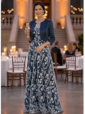 economico Set di abiti per la mamma-Due Pezzi Linea ad A Lunghezza al pavimento Abito da invitata a nozze Abito da cerimonia per signora Manica Corta Manica 3/4 Scollo a Barca Elegante Semplice Lussuoso Formale Ospite di nozze Raso