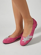 cheap Women's Flats-Women's Rose Pink Floral Ballet Flats – Round Toe Slip-On Shoes with Soft Cushioned Insole, Lightweight Flexible Sole and Rhinestone Flower Accent for Travel, Church and Everyday Wear