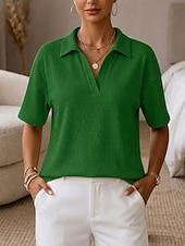  Mulheres Camiseta Camisas Polo Camisetas Tops de tricô waffle Tecido Moda à moda Básico Manga Curta Colarinho de Camisa Tops regulares Casual Diário Para Noite Azul Preto Branco Azul Céu Laranja