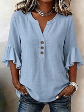 economico Bluse Semplici-Per donna Camicie effetto lino Blusa Camicia di cotone Volant Bottoni Tinta unica Quotidiano Elegante Casual Manica 3/4 Scollo a V Top corti Casuale Quotidiano Blu Giallo Rosa Verde Beige Estate