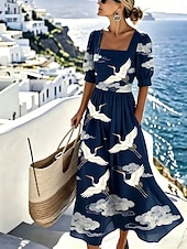  Femmes Robe Midi Robe Décontractée Robe trapèze Élégant Vacances Plage Fête Coupe régulière Fleuri Graphique Manche Courte Col carré Bleu Ciel Violet Bleu de minuit Été Printemps