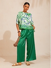 baratos camisas, tops e blusas-Top de cetim sedoso com estampa abstrata de flor em forma de sino