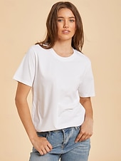 cheap Plain tee-Women's T Shirt Cotton Shirt Tee Top Solid Color Fashion Stylish Basic Short Sleeve Crew Neck Regular Tops Casual Daily Going out Blue Khaki Black White Yellow Summer Spring