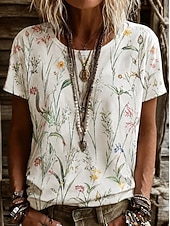 Χαμηλού Κόστους Τι-shirt με ρίγες και γεωμετρικά σχέδια-Γυναικεία Μπλουζάκι Στάμπα Γραφική Γεωμετρικό Ριγέ Βίντατζ Στυλάτο Κλασσικό Κοντομάνικο Στρογγυλή Ψηλή Λαιμόκοψη Στρογγυλή Λαιμόκοψη Κανονικά μπλουζάκια Causal Καθημερινά Λευκό Κίτρινο Πορτοκαλί